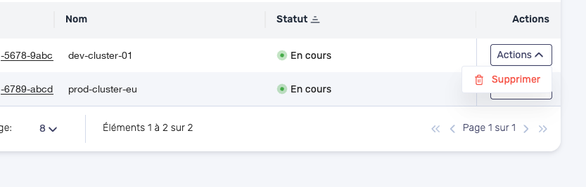 Supprimer un cluster depuis la liste