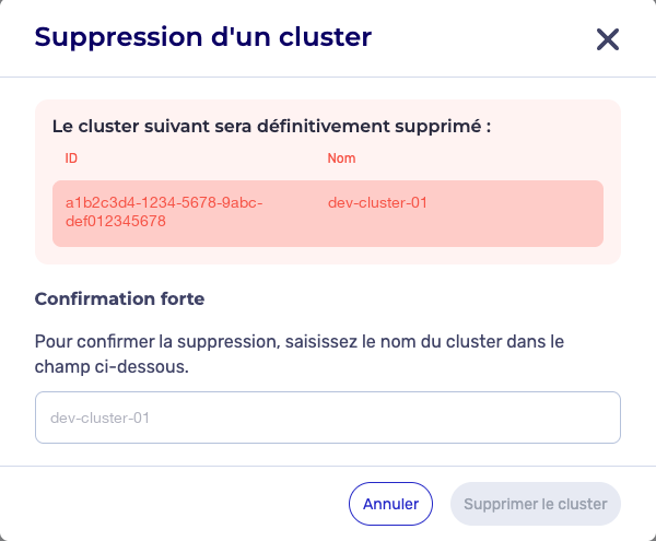 Confirmation de suppression d'un cluster
