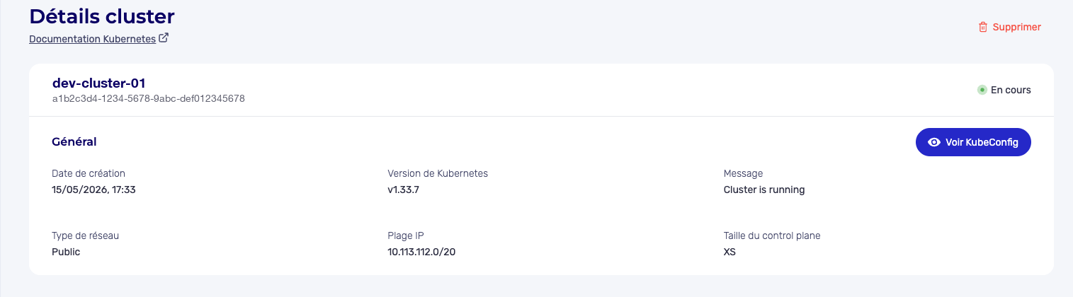 Bouton Voir KubeConfig dans les détails du cluster
