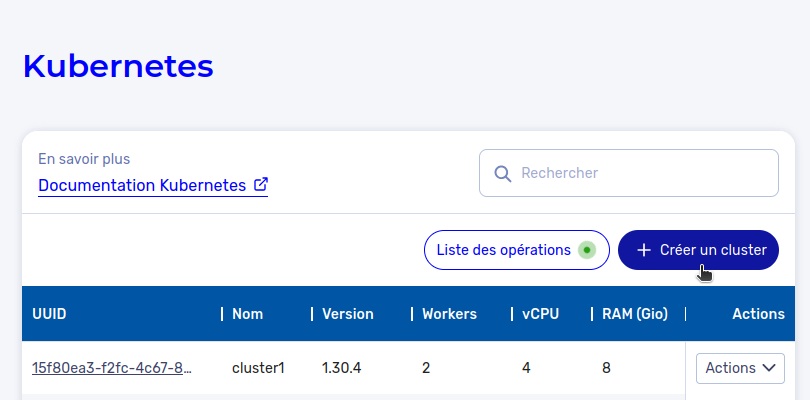 Créer un cluster Kubernetes - Bouton