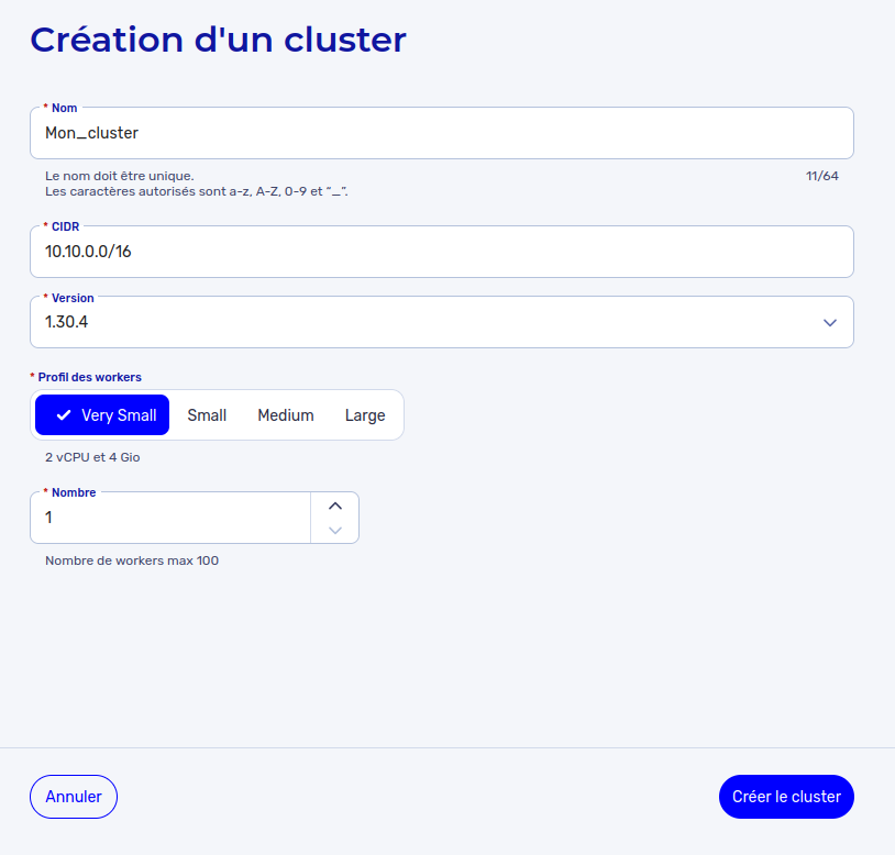 Créer un cluster Kubernetes - Formulaire