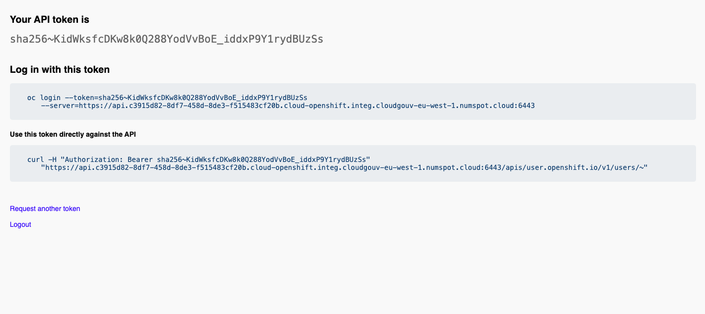 Informations de connexion aux API du cluster OpenShift