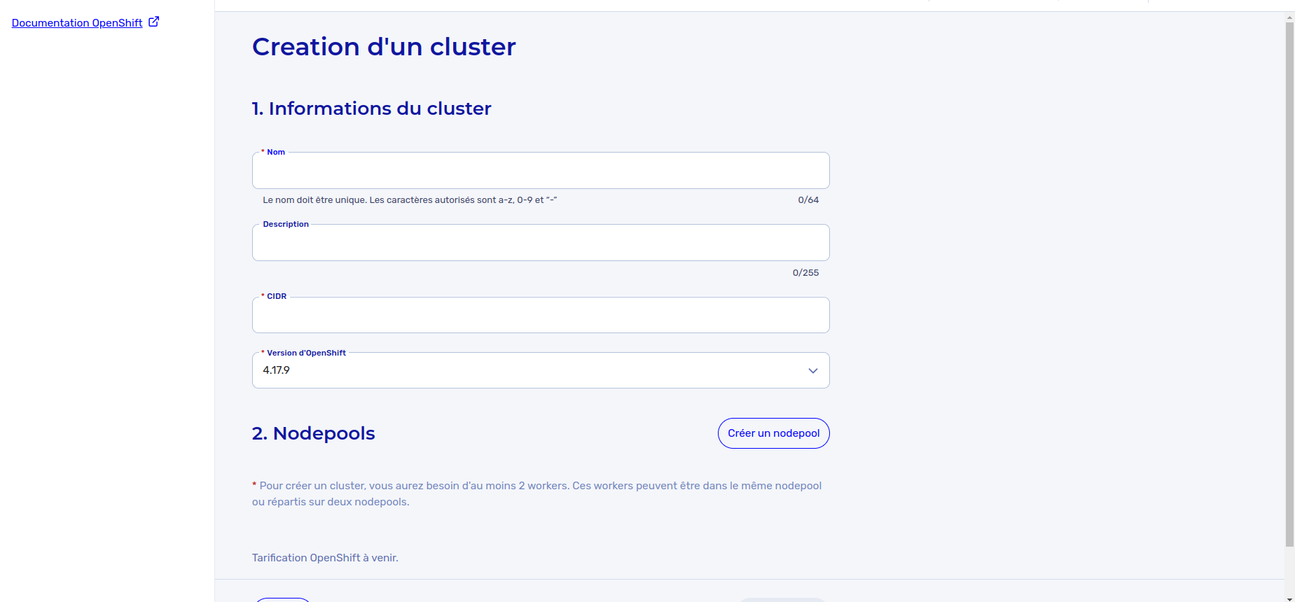 Créer un cluster OpenShift - Page