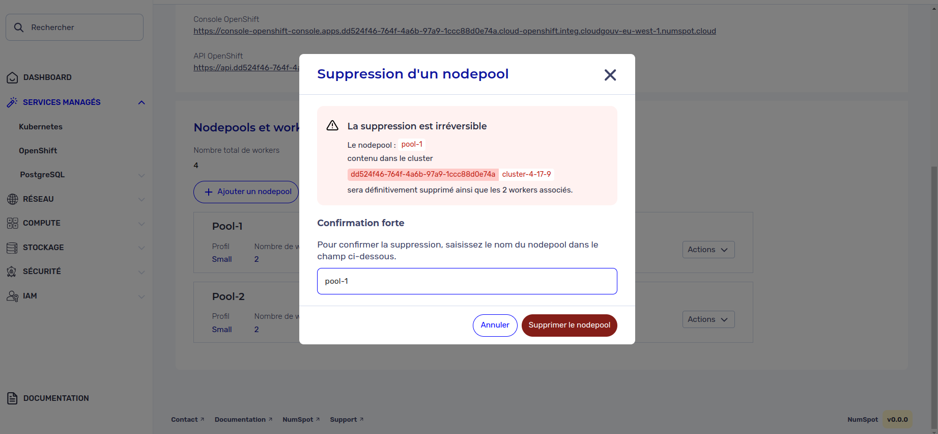 Supprimer un nodepool - Modal