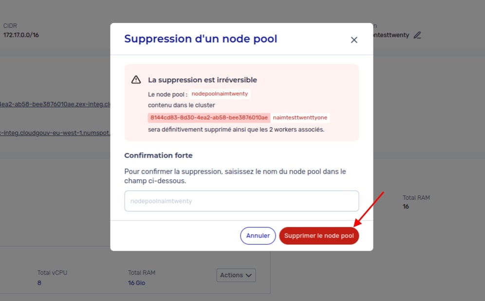 Supprimer un nodepool - Modal