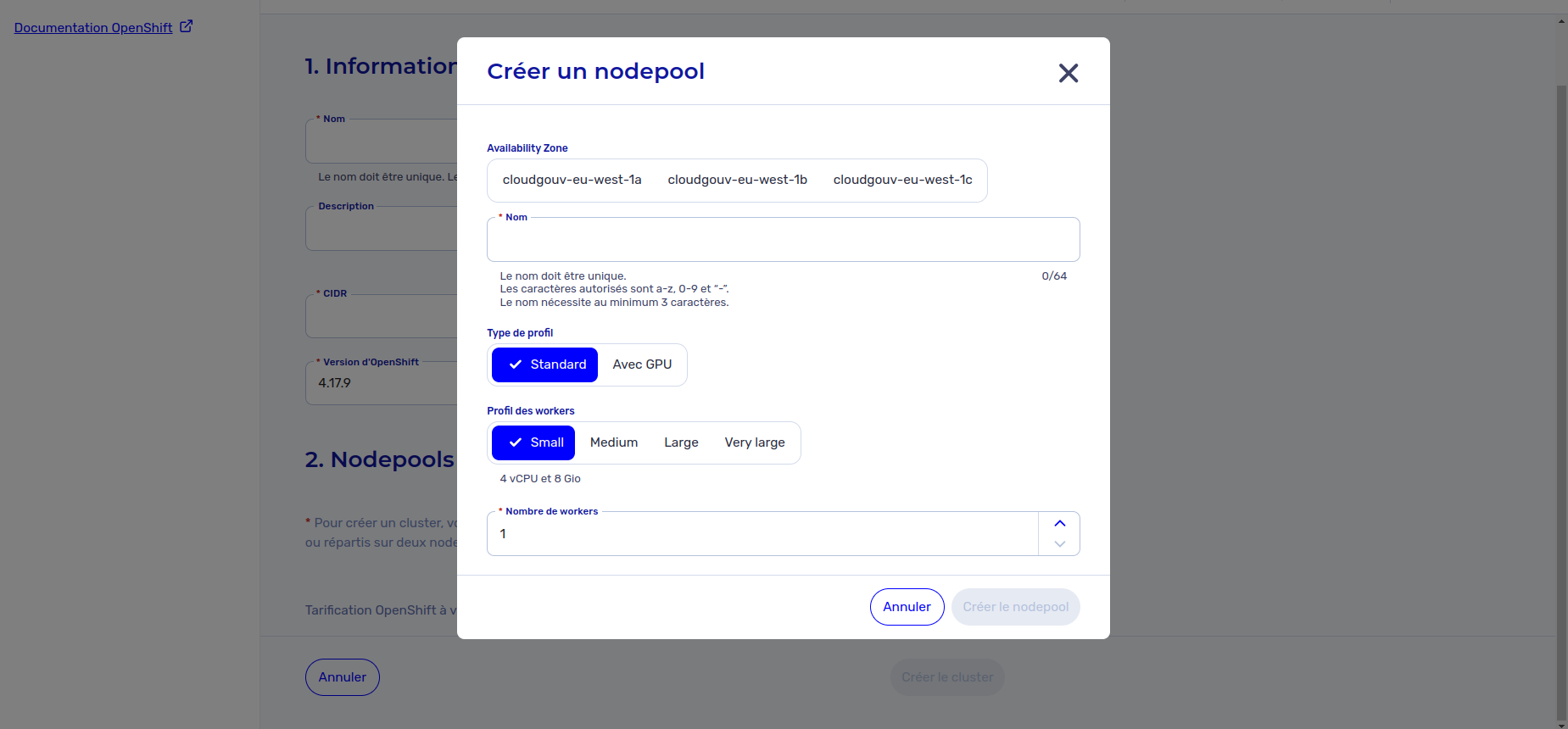 Créer un nodepool - Modal