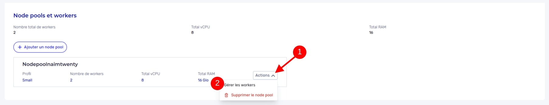 action éditer un worker dans un node pool