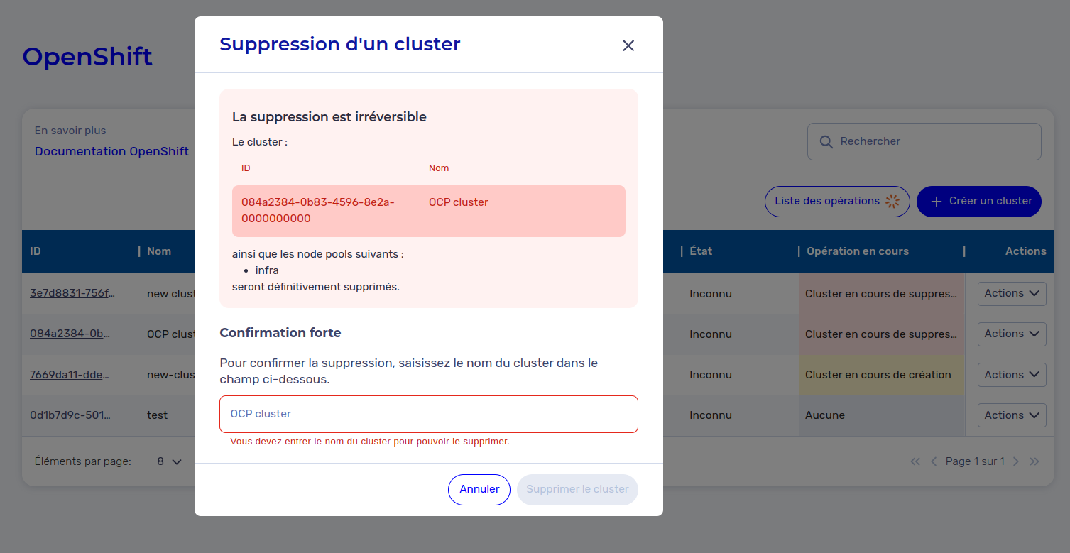 Supprimer un cluster - Modal