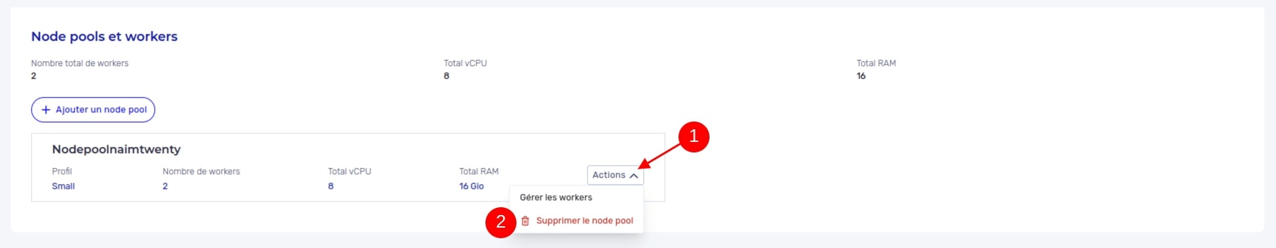 Supprimer un nodepool - Page