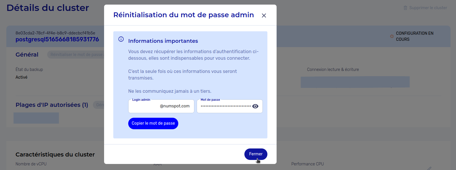 Réinitialiser le mot de passe admin d&#39;un cluster PostgreSQL - Fermeture