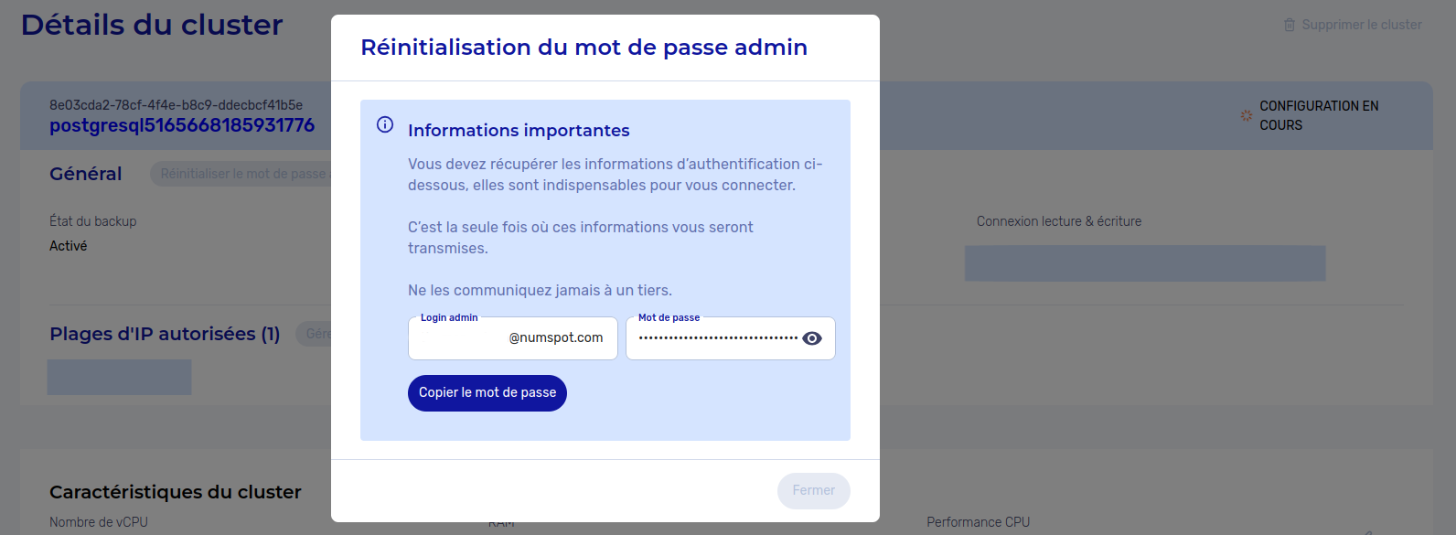 Réinitialiser le mot de passe admin d&#39;un cluster PostgreSQL - Confirmation