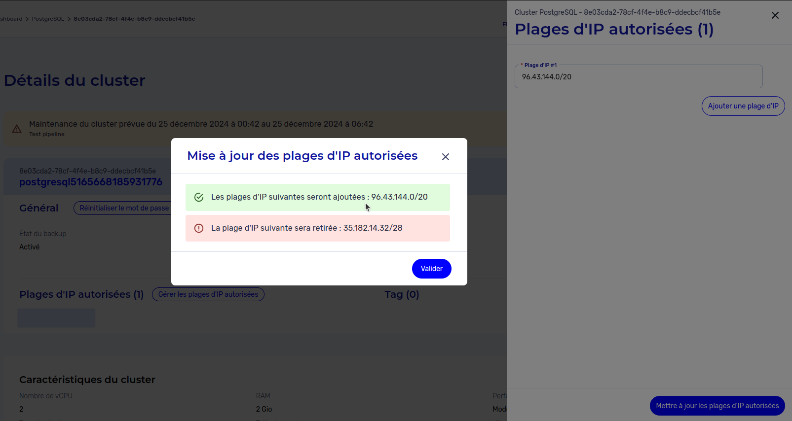 Gérer les plages d&#39;IP autorisées d&#39;un cluster PostgreSQL - Modal