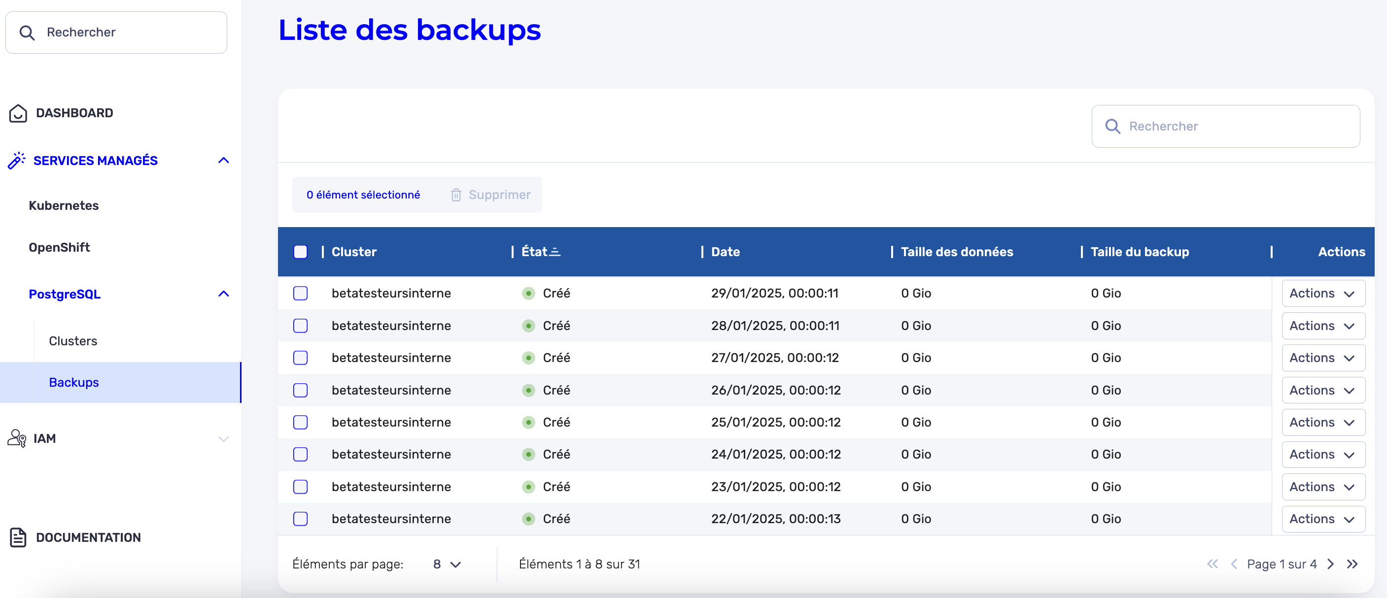 Lister les backups - Section