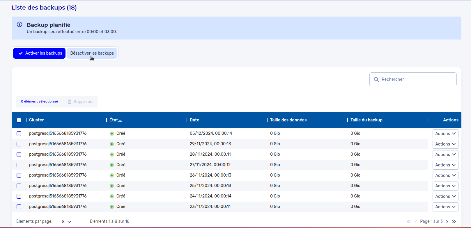 Gérer les backups automatiques d&#39;un cluster PostgreSQL - Disable