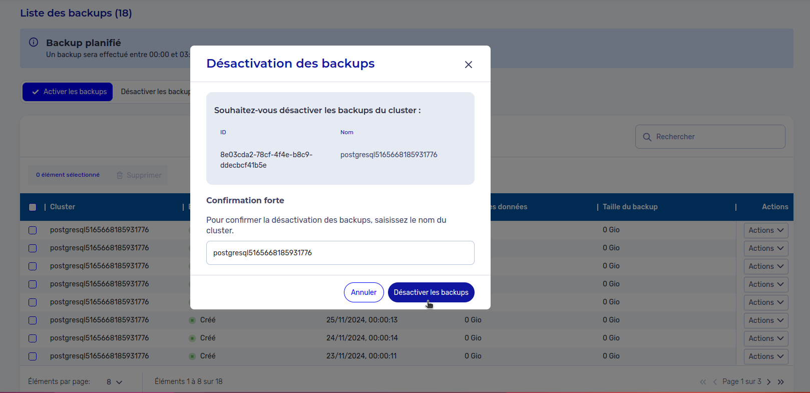 Gérer les backups automatiques d&#39;un cluster PostgreSQL - Disable Confirm