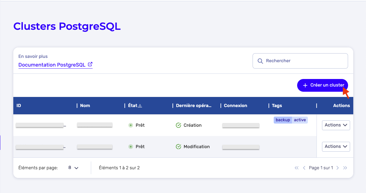 Créer un cluster PostgreSQL - Button