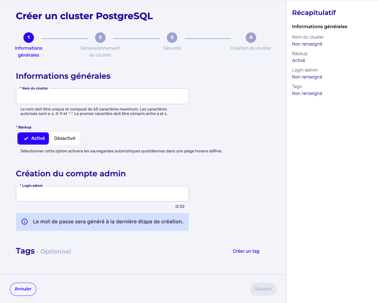 Créer un cluster PostgreSQL - Première étape