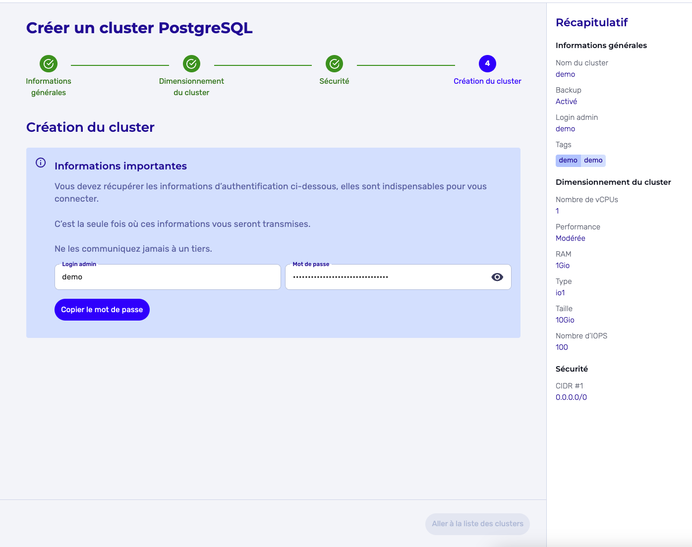 Créer un cluster PostgreSQL - Dernière étape