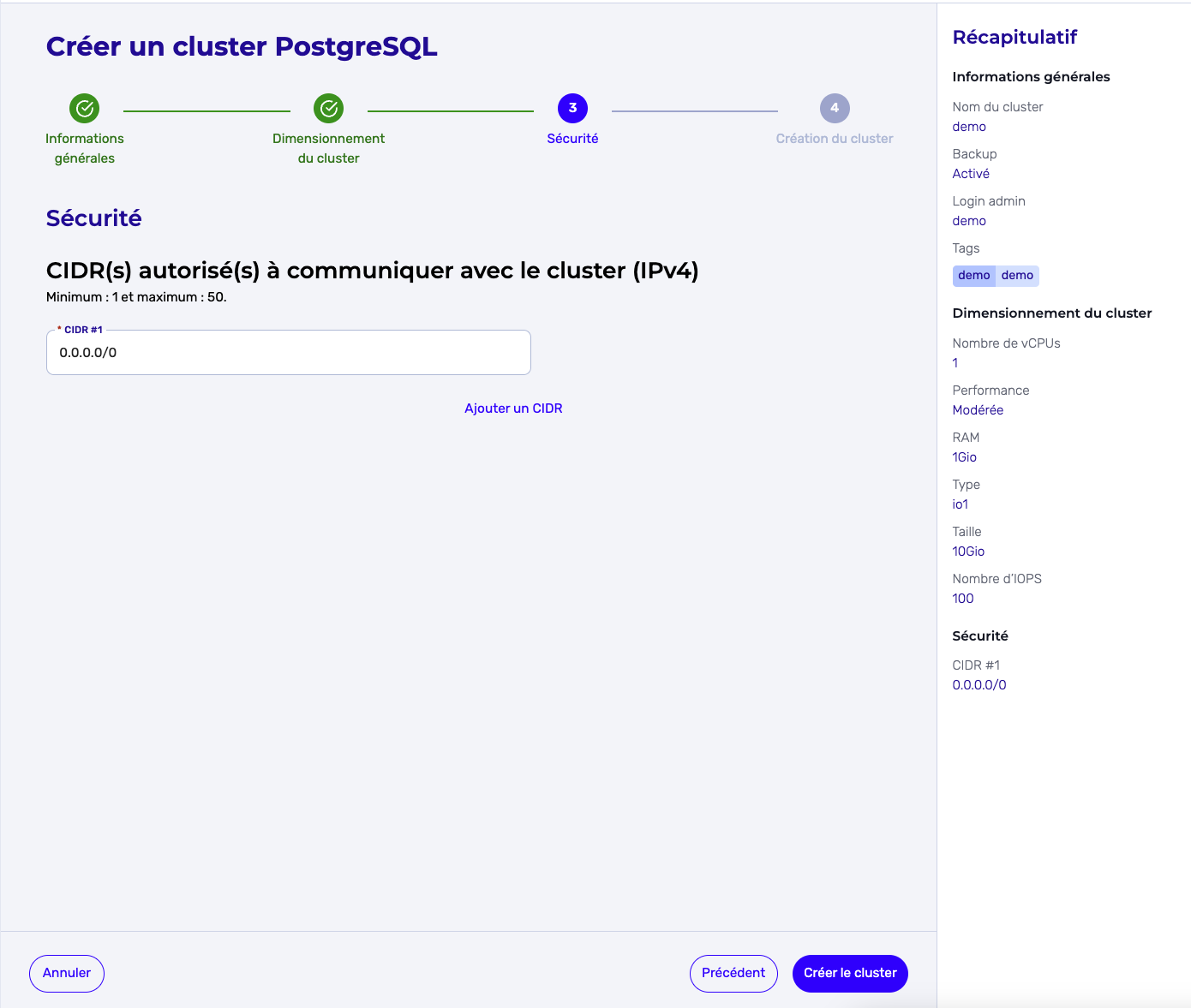 Créer un cluster PostgreSQL - Troisième étape