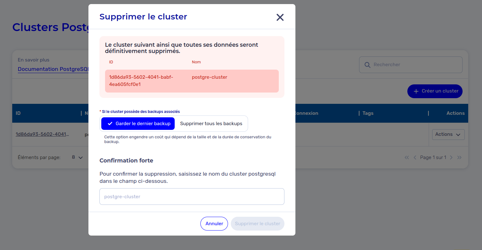 Supprimer un cluster - Modal