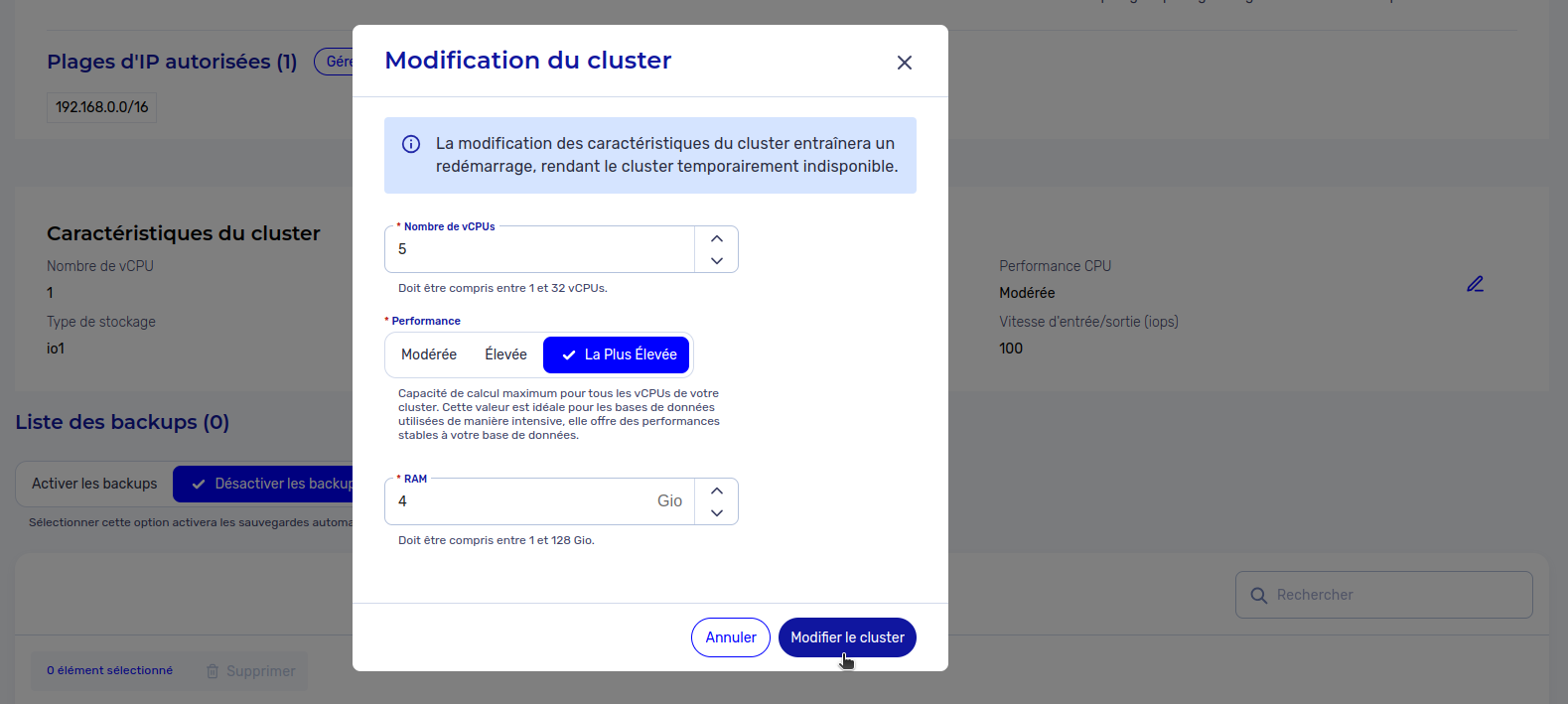 Modifier les caractéristiques d&#39;un cluster - Confirm