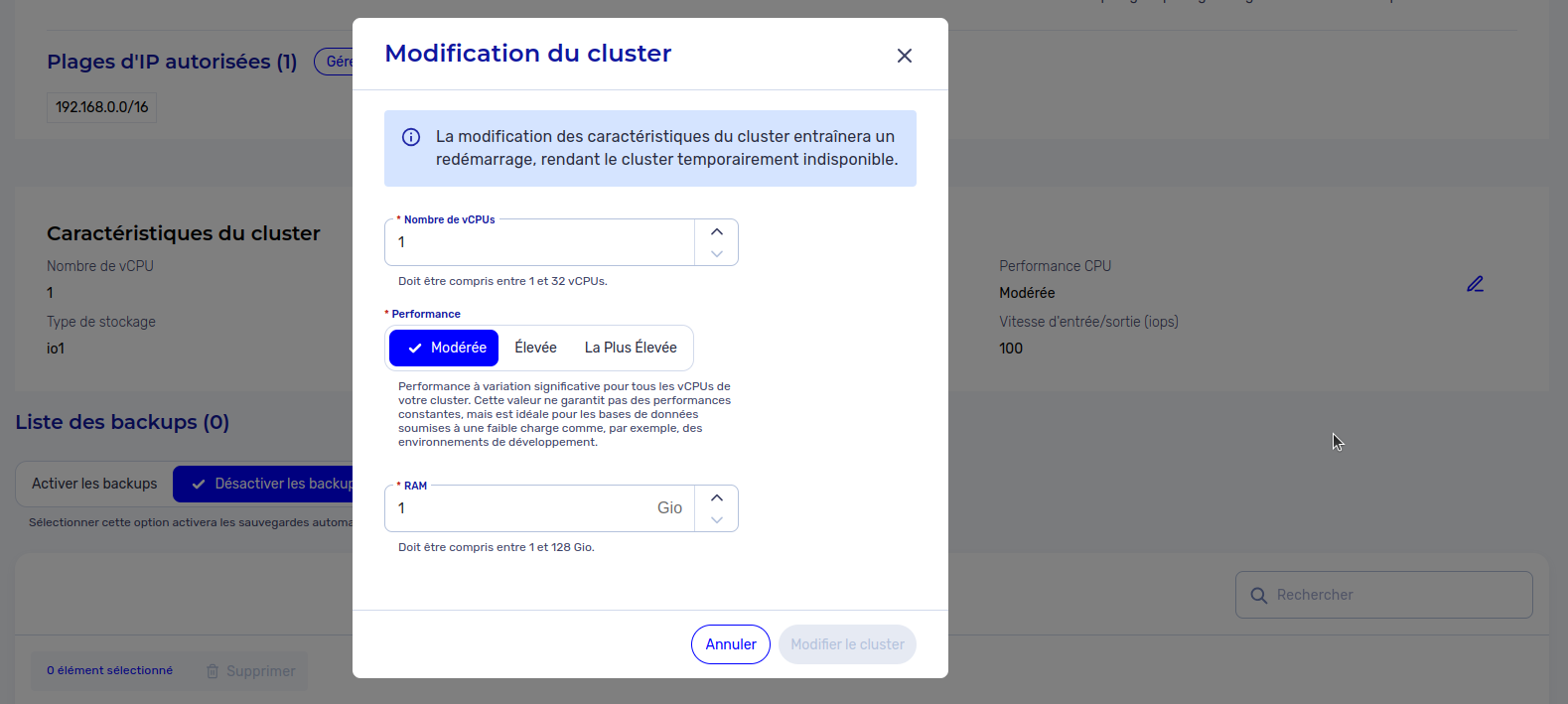 Modifier les caractéristiques d&#39;un cluster - Modal