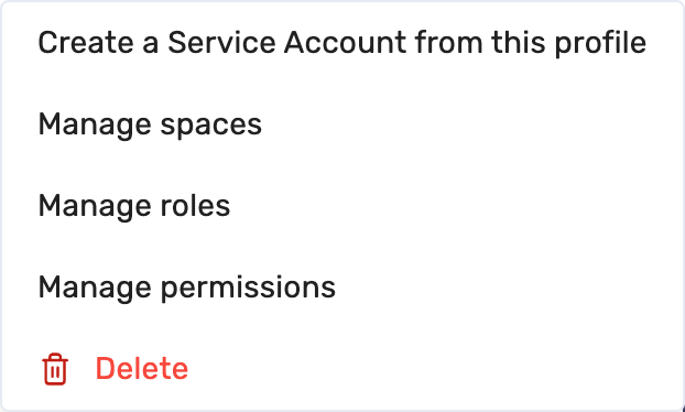 Service account actions menu