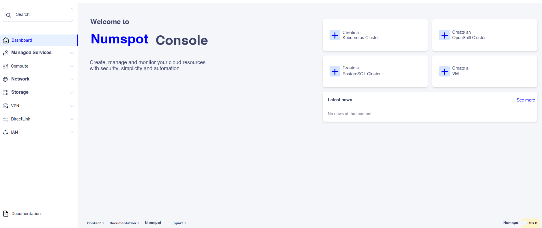 Numspot console dashboard