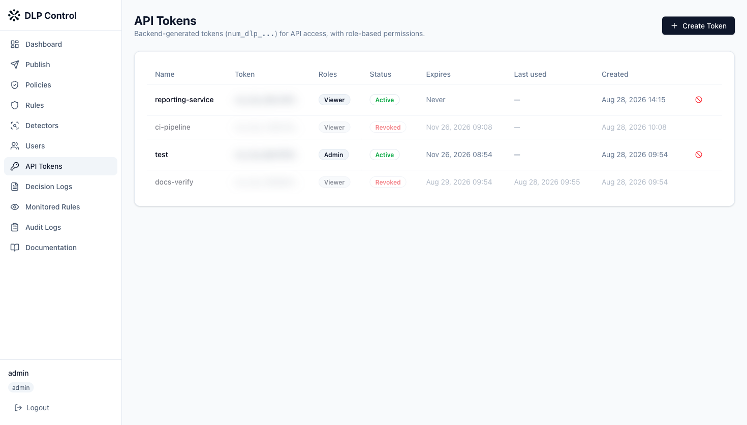 In the DLP console side menu, click API Tokens.