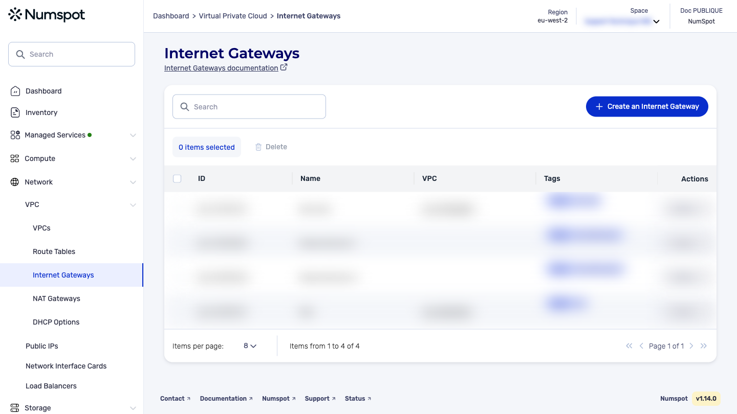 From the left-hand side menu, click Network → VPC → Internet Gateways.