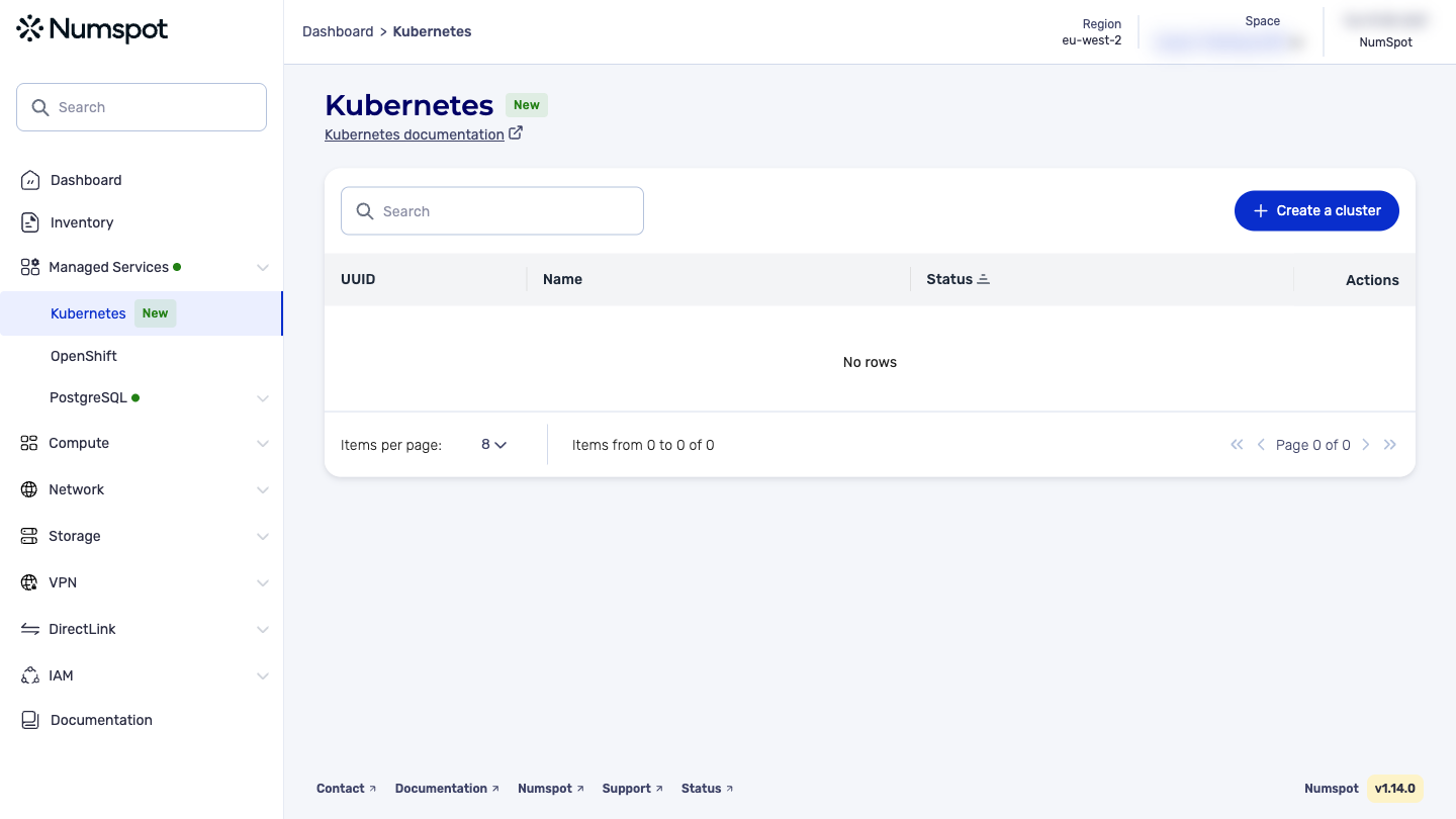 From the left-hand side menu, click Managed Services → Kubernetes.