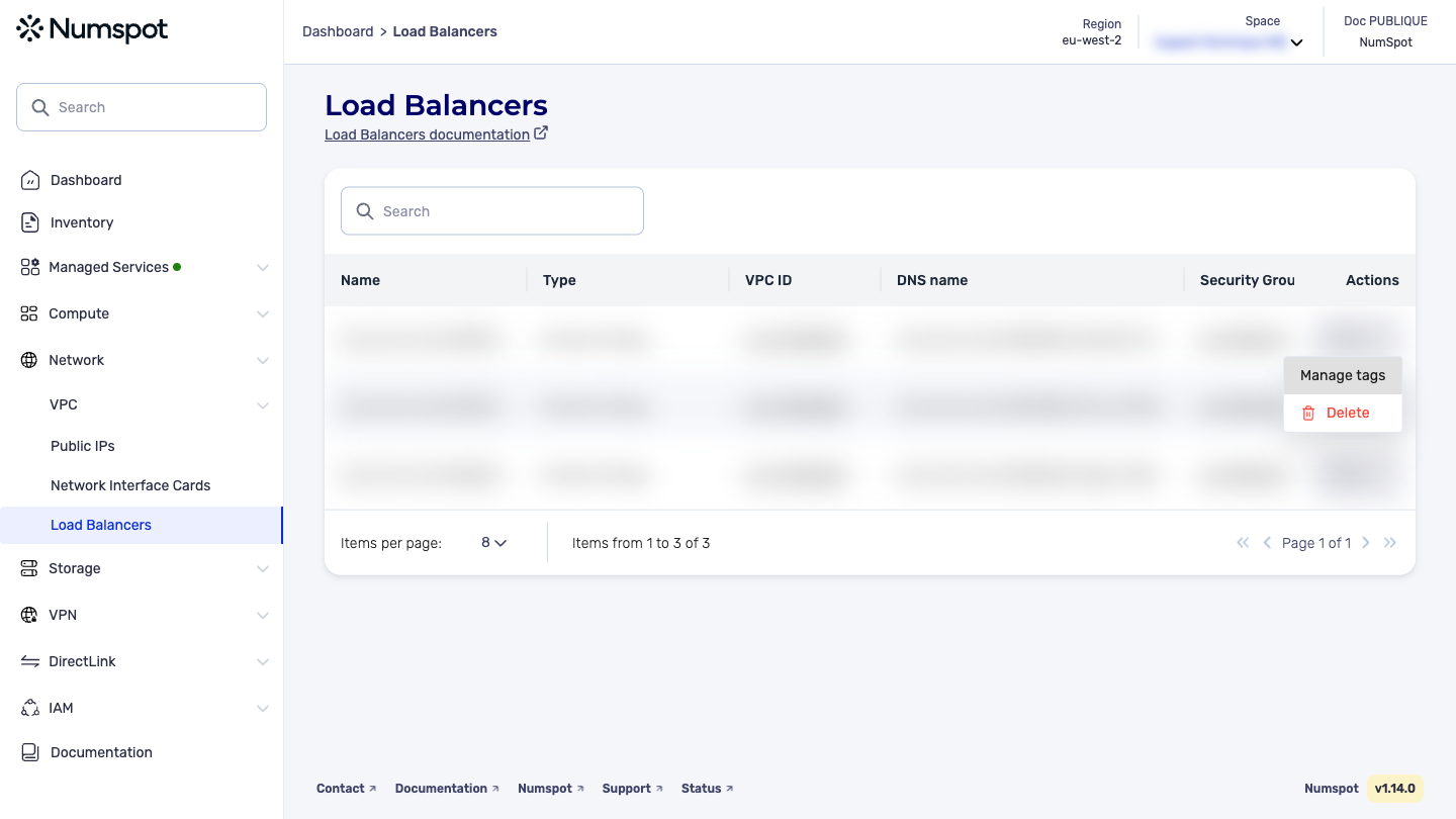 From the list of the relevant resource, open its row “Actions” menu, then click “Manage tags”.