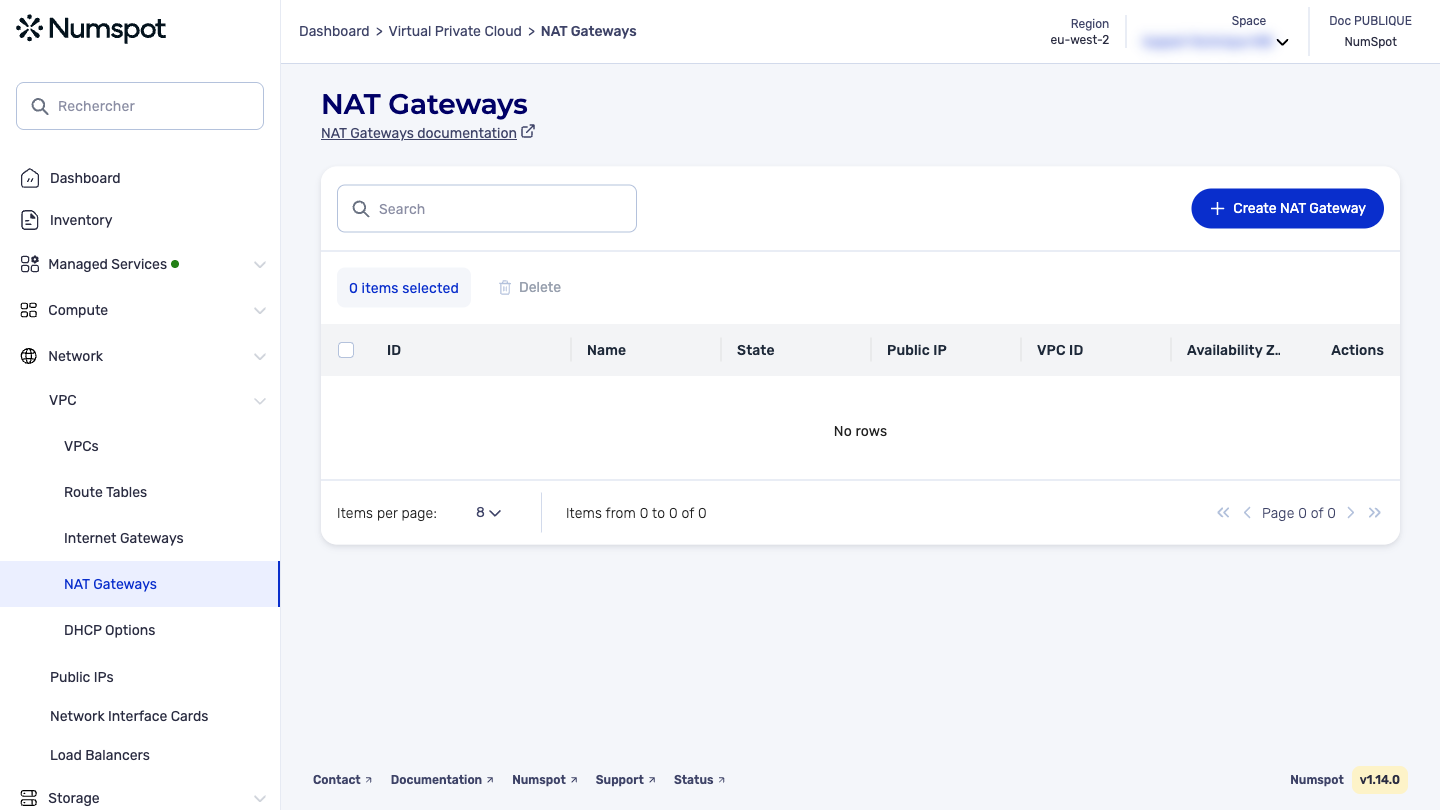 From the left-hand side menu, click Network → VPC → NAT Gateways.