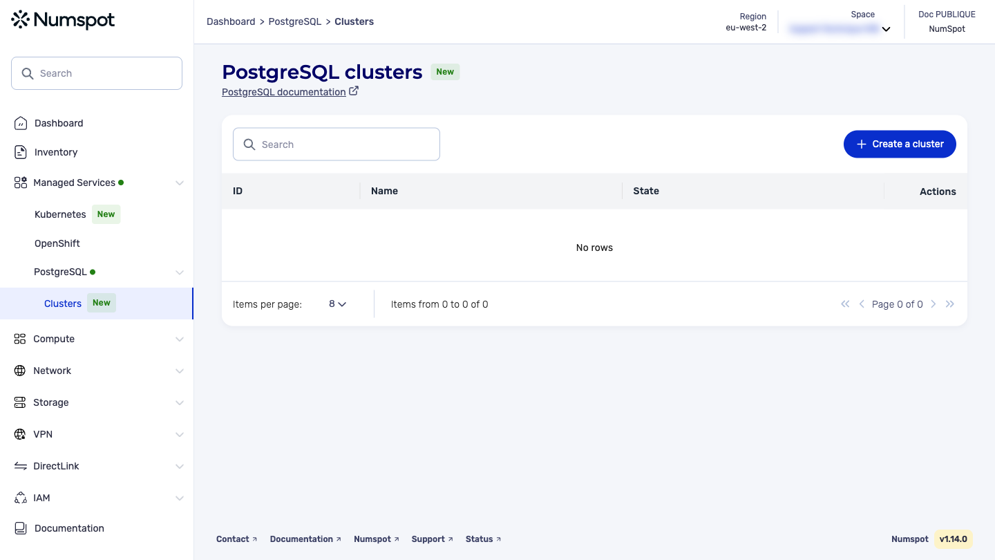 From the left-hand side menu, click Managed Services → PostgreSQL → Clusters.