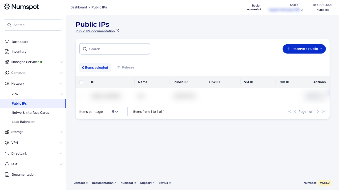From the left-hand side menu, click Network → Public IPs.