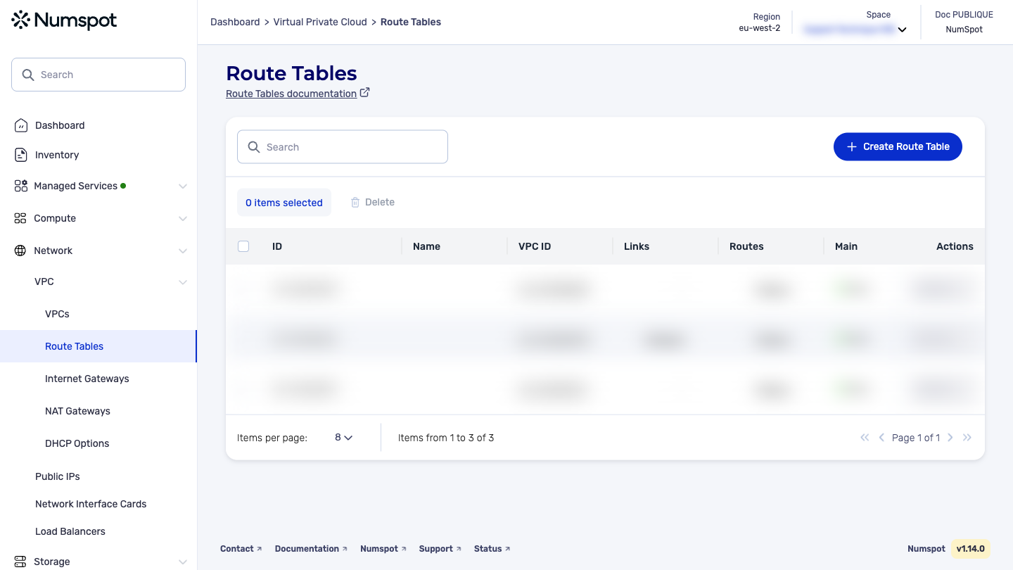 From the left-hand side menu, click Network → VPC → Route Tables.