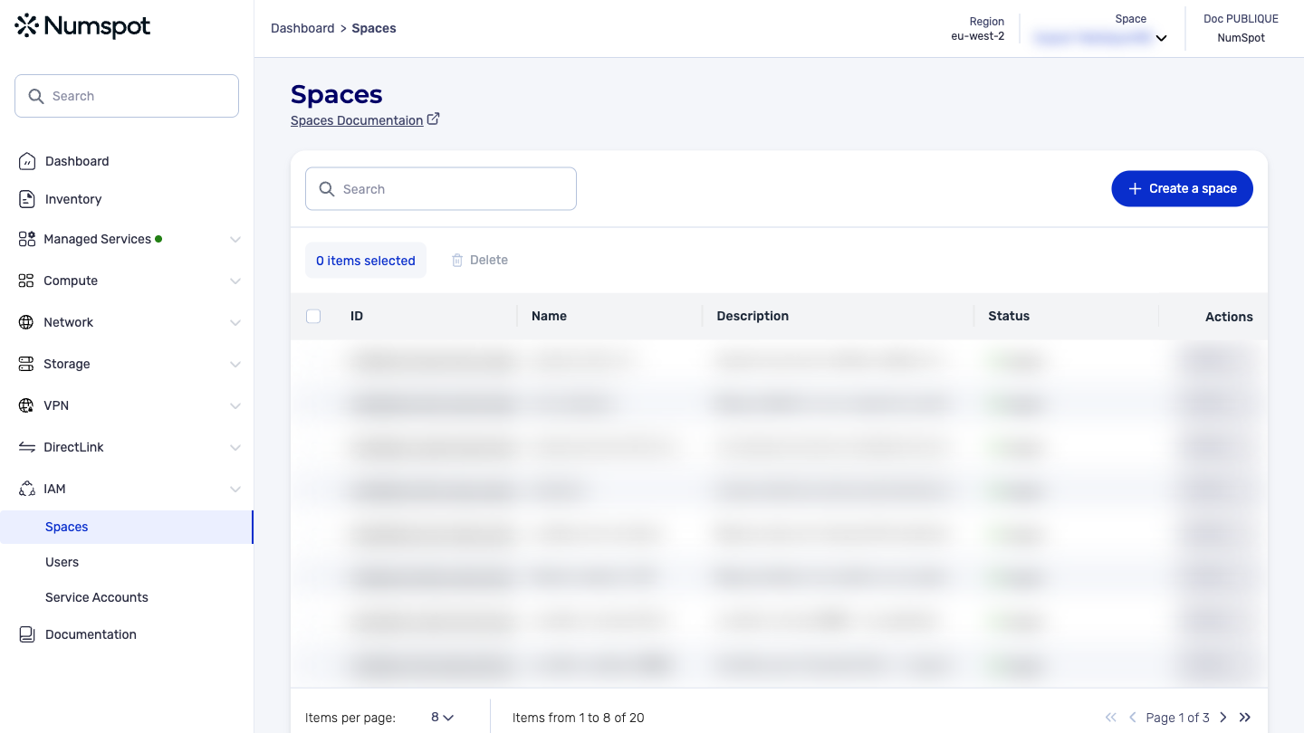 From the left-hand side menu, click IAM → Spaces.