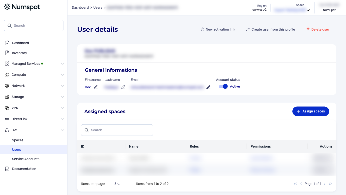 On a user's details page (IAM → Users → ID), the “Assigned spaces” section lists their spaces.