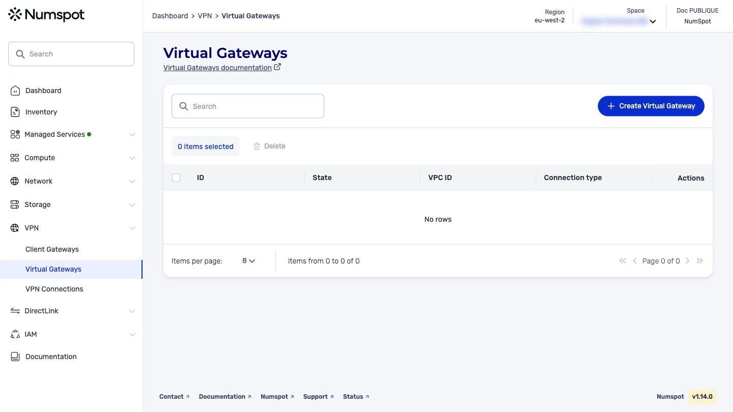 From the left-hand side menu, click VPN → Virtual Gateways.