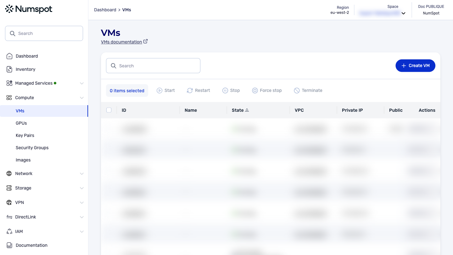 From the left-hand side menu, click Compute → VMs.