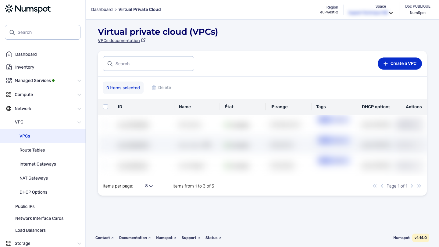 From the left-hand side menu, click Network → VPC.
