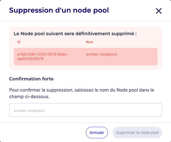 Confirmation de suppression d'un node pool