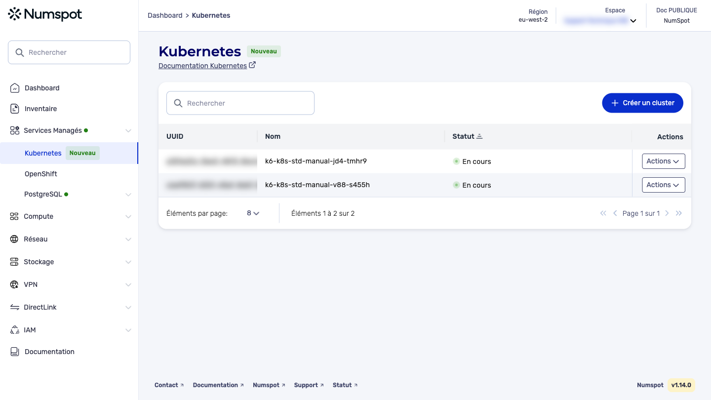 Depuis le menu latéral gauche, cliquez sur Services Managés → Kubernetes.