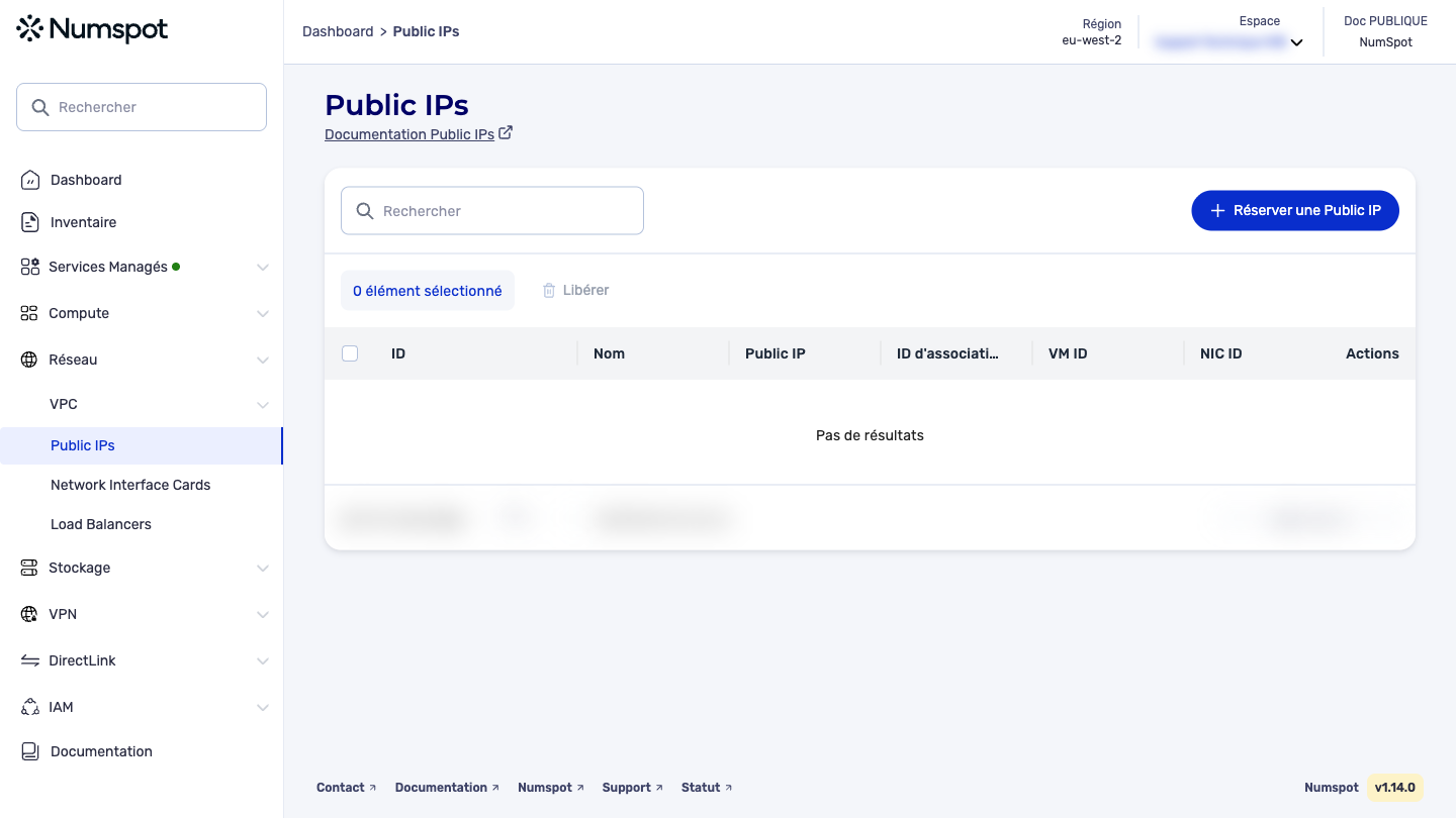 Depuis le menu latéral gauche, cliquez sur Réseau → Public IP.