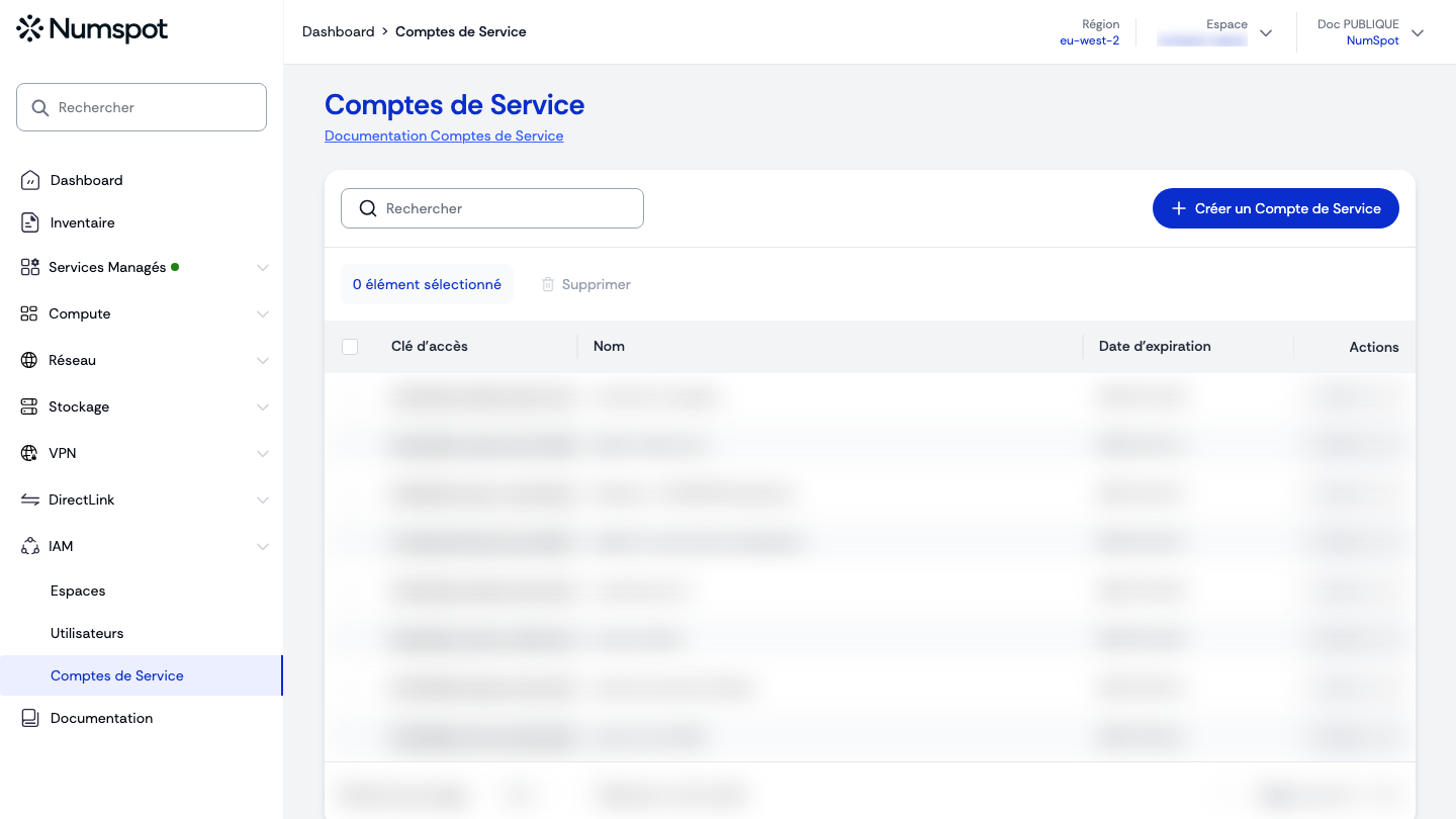 Depuis le menu latéral gauche, cliquez sur IAM → Comptes de Service.