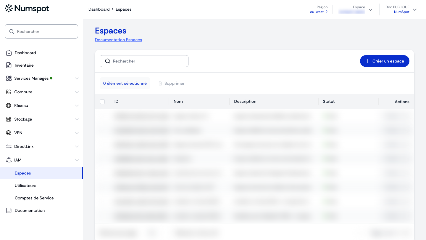 Depuis le menu latéral gauche, cliquez sur IAM → Espaces.