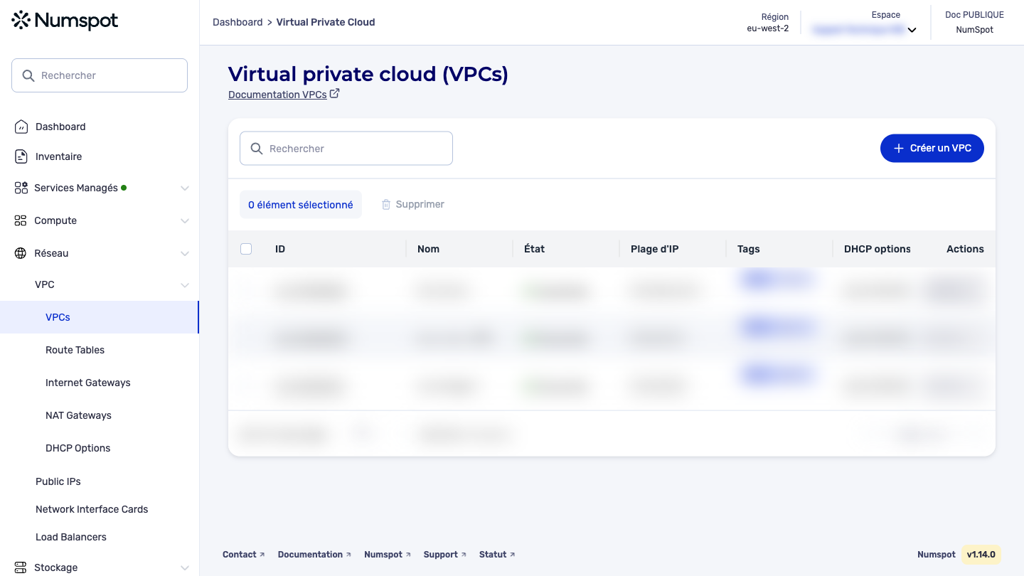 Depuis le menu latéral gauche, cliquez sur Réseau → VPC.