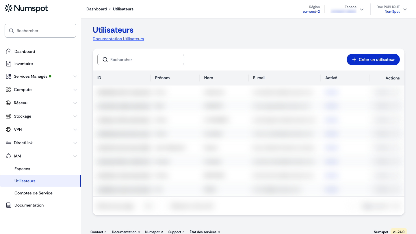 Depuis le menu latéral gauche, cliquez sur IAM → Utilisateurs (le parcours est identique pour les Comptes de Service).