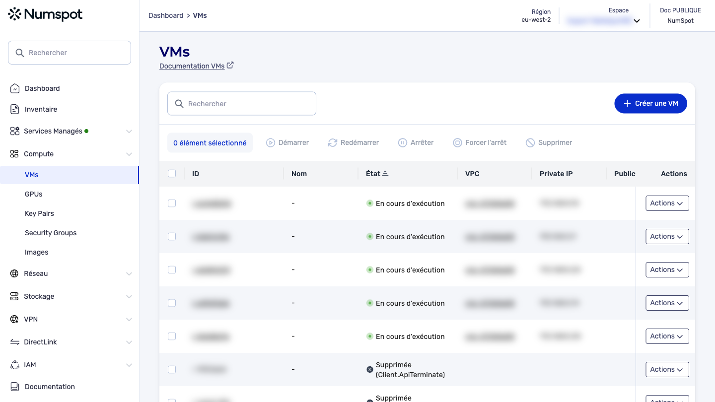 Depuis le menu latéral gauche, cliquez sur Compute → VM.
