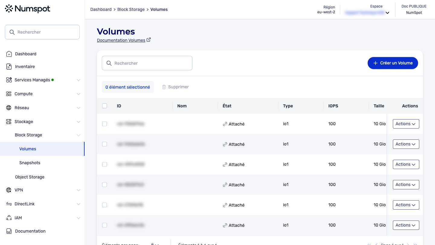 Depuis le menu latéral gauche, cliquez sur Stockage → Block Storage → Volumes.